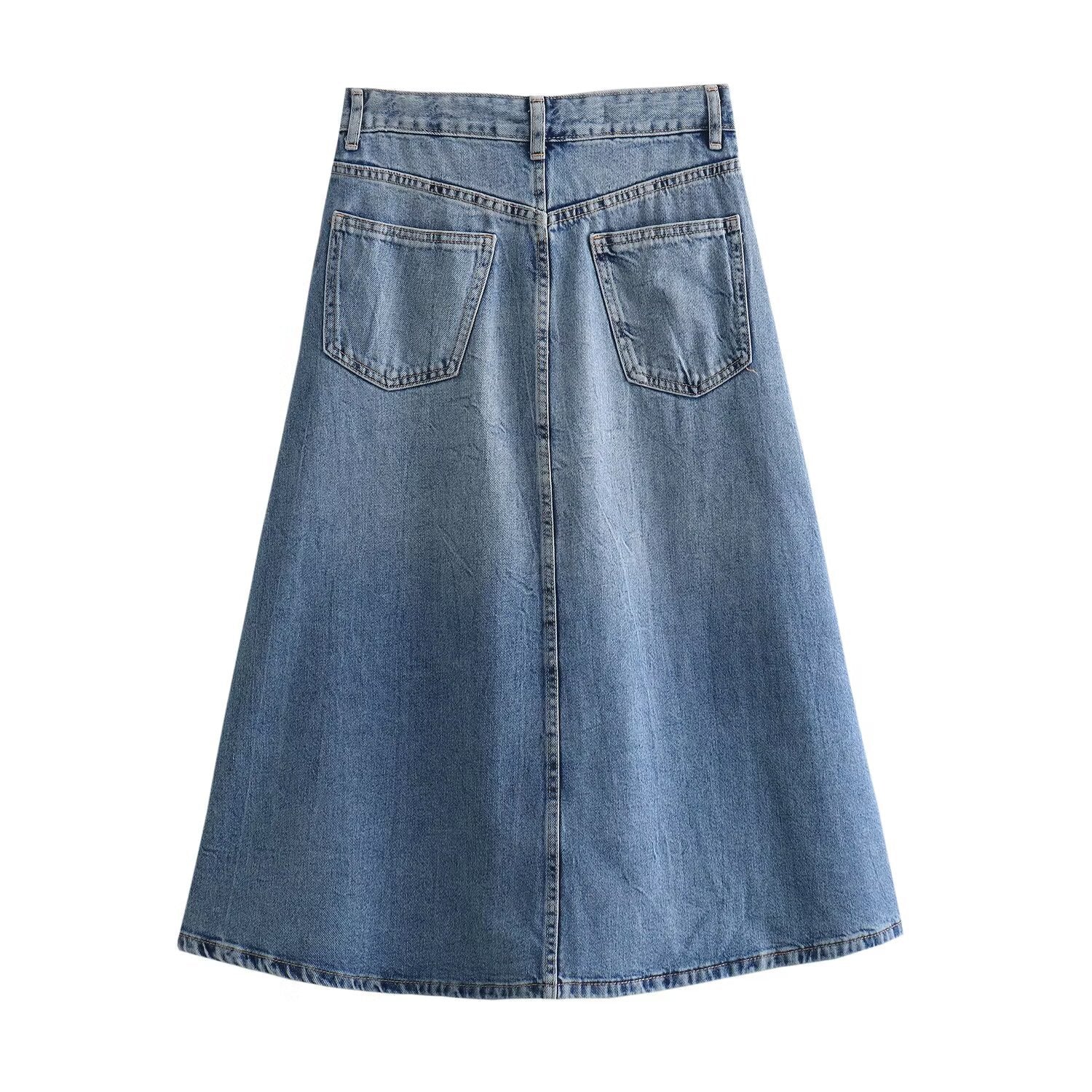 Lång Jeanskjol Dam med Svängande Nederkant i Högkvalitativ Denim – Denimblå, Midja Silhuett 2