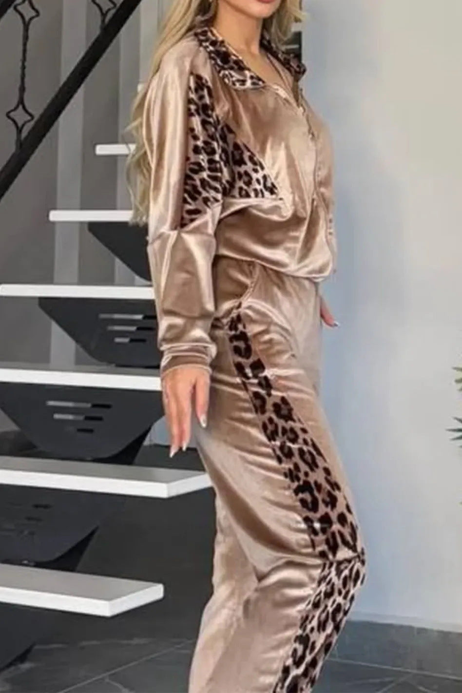 Dam Husdräkt Leopardmönster Polyester med Långa Ärmar-3