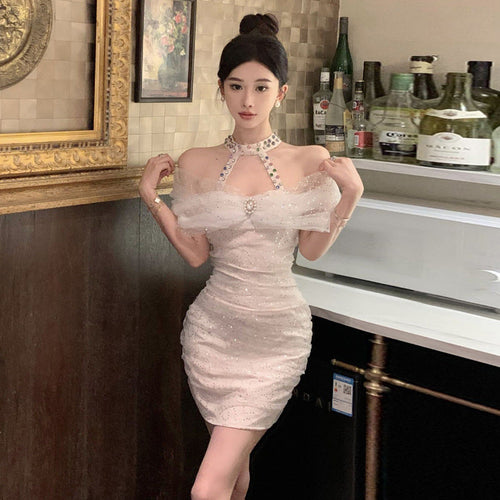 Dam Kort Klänning Halterneck Broderad Polyester för Sommarfest-1