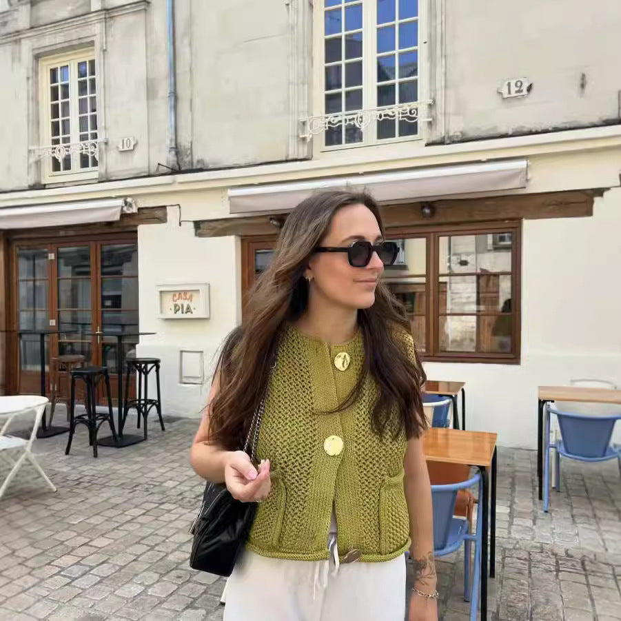 Dam Stickad Väst Elegant Med Dekorativa Knappar och Fickor 5