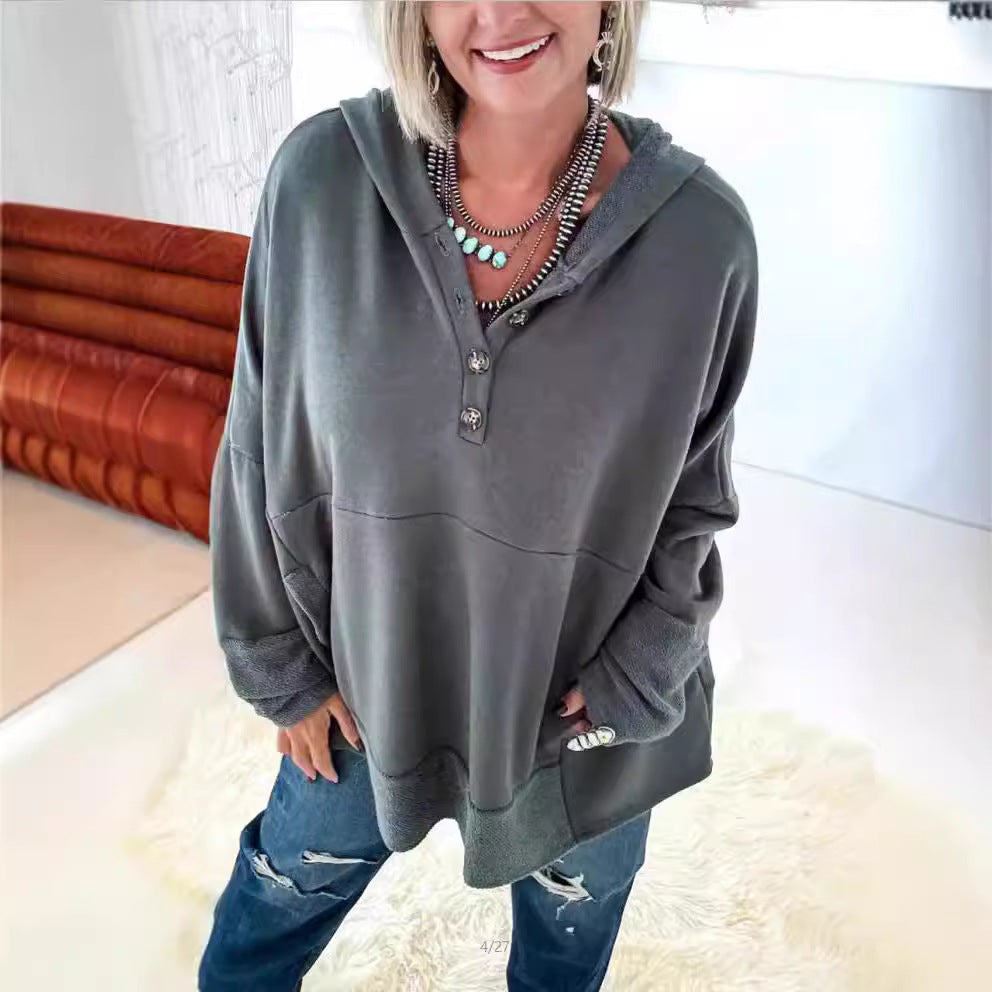 Dam Hoodie Löst Klippt Polyester Patchwork Design 4