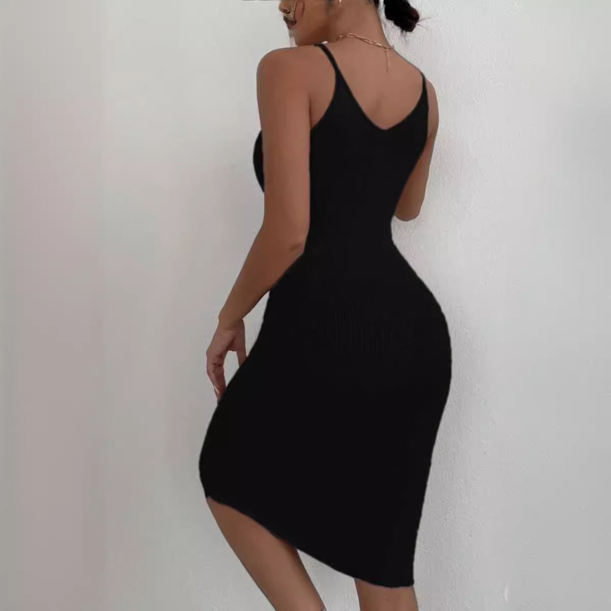 Kvinnors Midi Klänning V-ringad Stickad Material-5