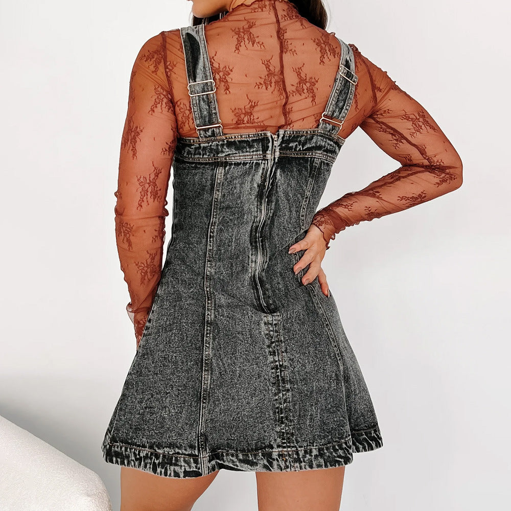Dam Denimklänning Justerbar A-linjeformad Fyrkantig Design-5