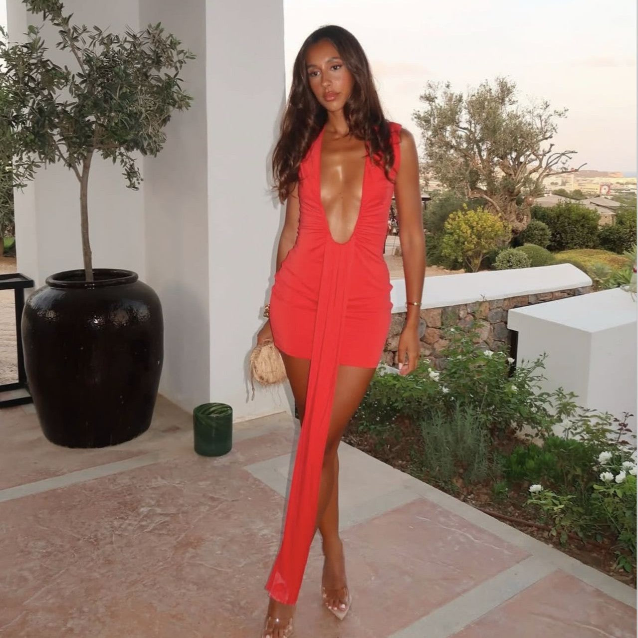 Kvinnors Omslagsklänning V-ringning Draperad Elastiskt Tyg-6