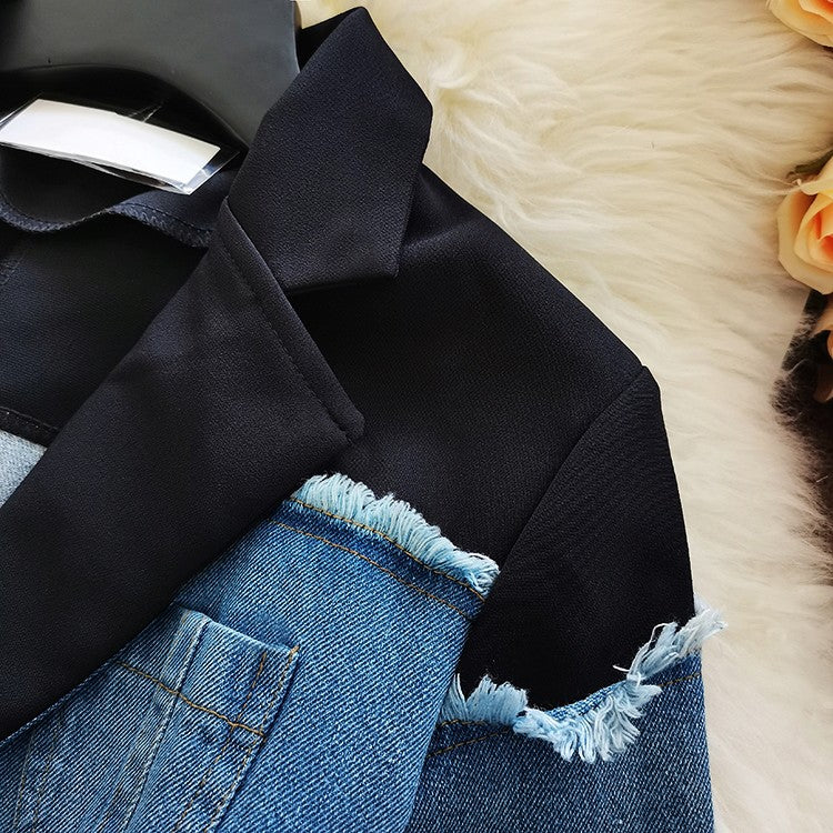 Dam Blazer i Asymmetrisk Patchwork Design av Bomull och Polyester – Full Ärmlängd, Dubbelknappstängning 4