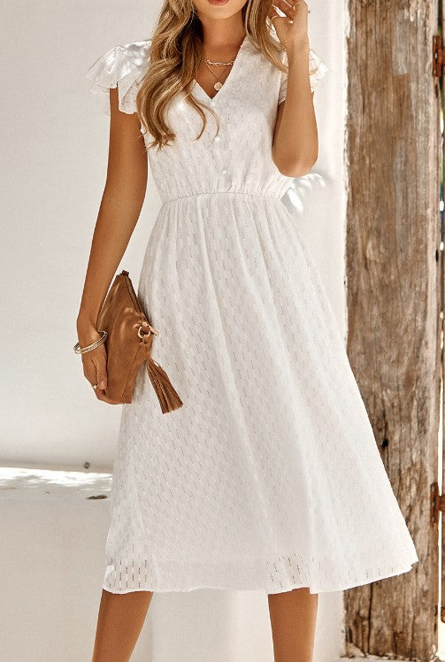 Midi Klänning Dam med V-ringning och Rufsade Ärmar – Lätt Tyg för Sommarfest och Bröllop 1