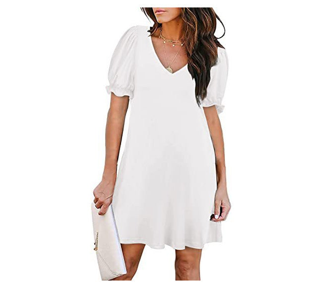 Kvinna Kort Armklänning V-ringning Lätt Tyg Puffade Ärmar 13