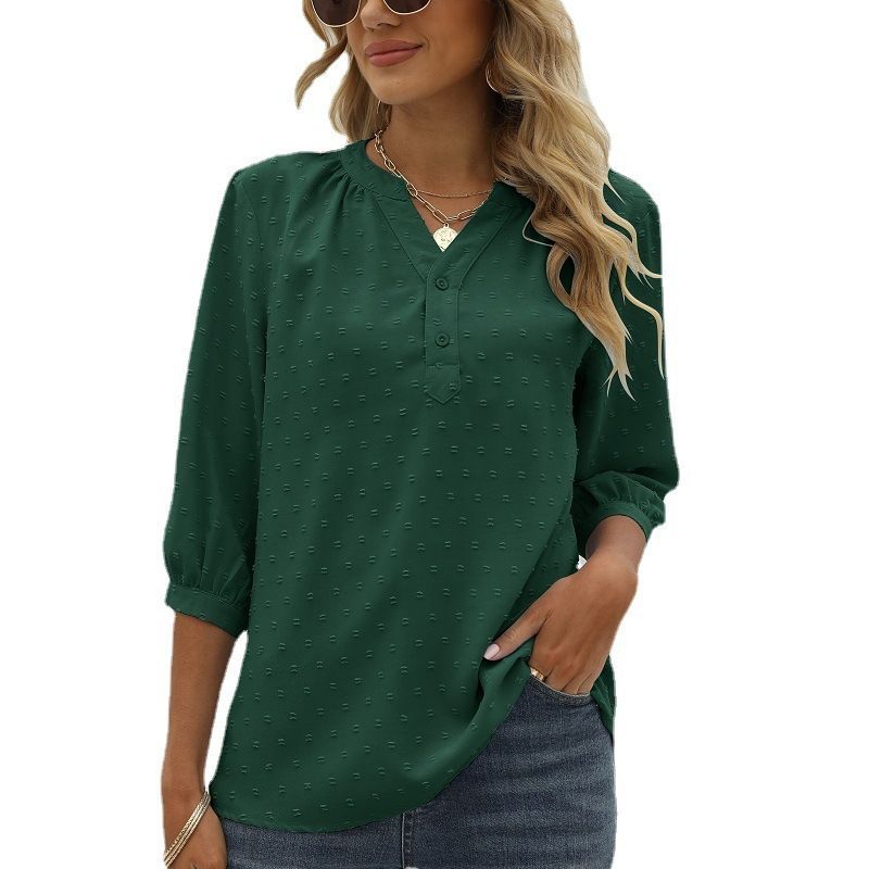 Dam Skjorta i Jacquard med Ståkrage och Halvlånga Ärmar – Lös Passform och V-neck Design 5