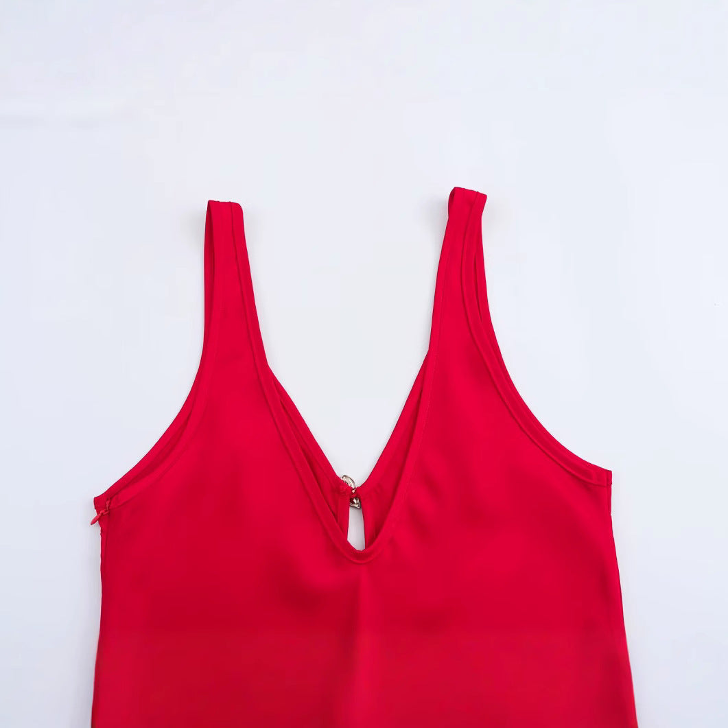 Dam Kort Klänning V-ringning Rygglös Ärmfri Högkvalitativt Tyg-4