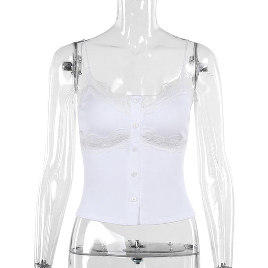 Kvinnors Festtopp med KnappstĂ€ngning och Justerbara Spaghettirem â Elegant Cami Topp i Polyester för Fest och Vardag 1