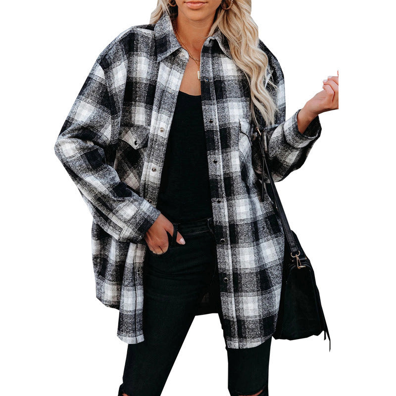Dam Skjorta Långärmad Rutig Polyester Löst Fit-2
