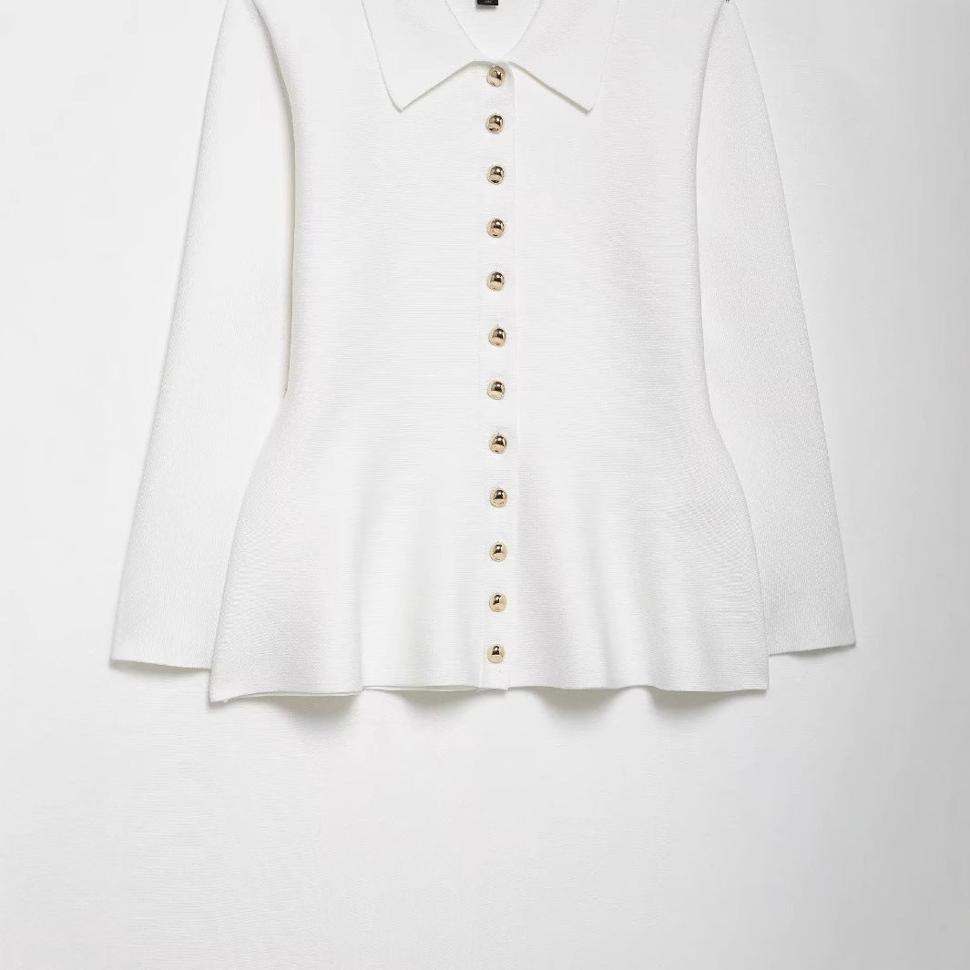 Vit Stickad Blus med Klassisk Krage och Dekorativa Knappar för Damer - Andningsbart Tyg, Perfekt för Alla Tillfällen 4
