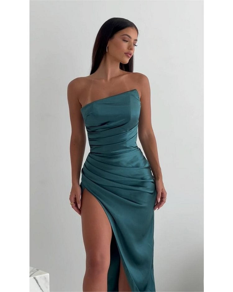 Damklänning Asymmetrisk Satin Lång ärmlös Fina Dam Klänningar-5