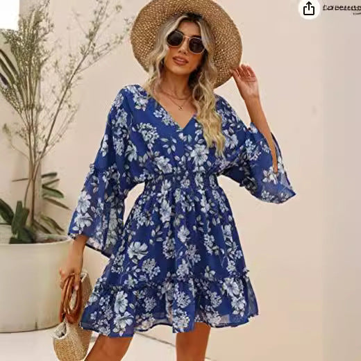 Elegant Blommaklänning för Dam i Lätt Material med Breda Ärmars Design - Perfekt för Sommar och Festliga Tillfällen 2