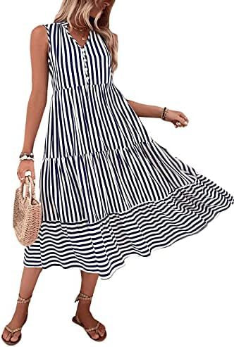 Bärarklänning för Dam i Tidlös Randig Design – Löst Sittande Bomull med Knappdetaljer 10