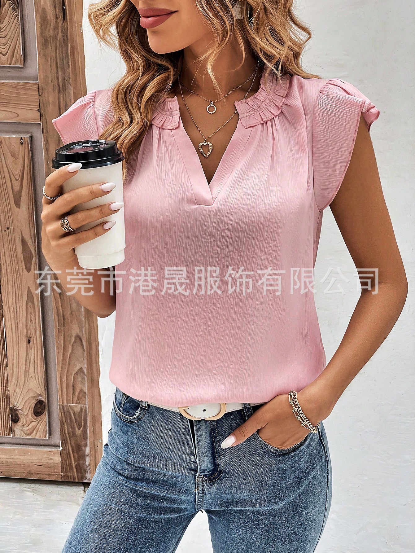 Festtoppar Dam med Volangärmar V-ringning Polyester-6