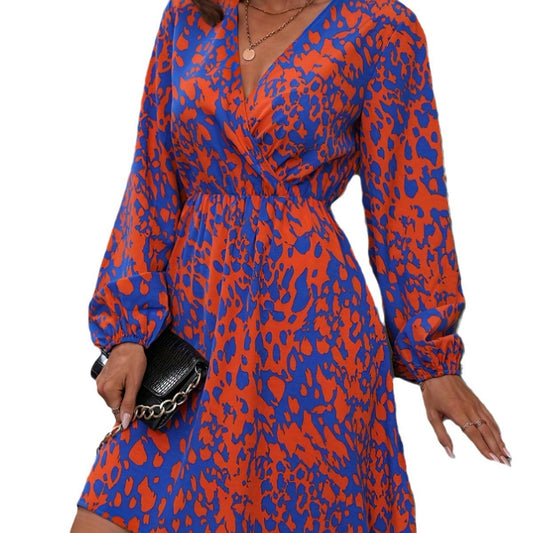 Kvinna A-Line Klänning V-ringning Polyester med Lyktärmar-1