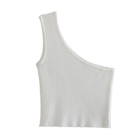 Dam Topp Asymmetrisk Ribbad Polyester Ärmlös-1