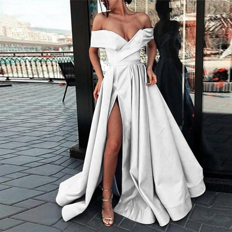 Variant image for Kvinnors Off-Shoulder Klänning Djup V-ringning Satin Kort Kjol-55