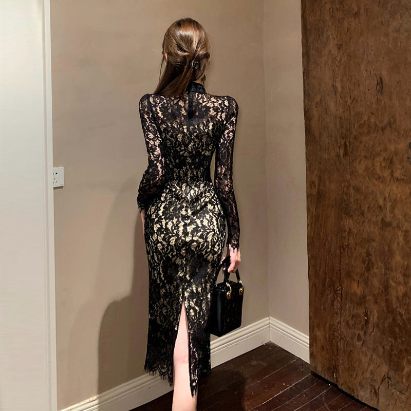 Kvinnors Midi Klänning Bodycon Patchwork Långärmad-3