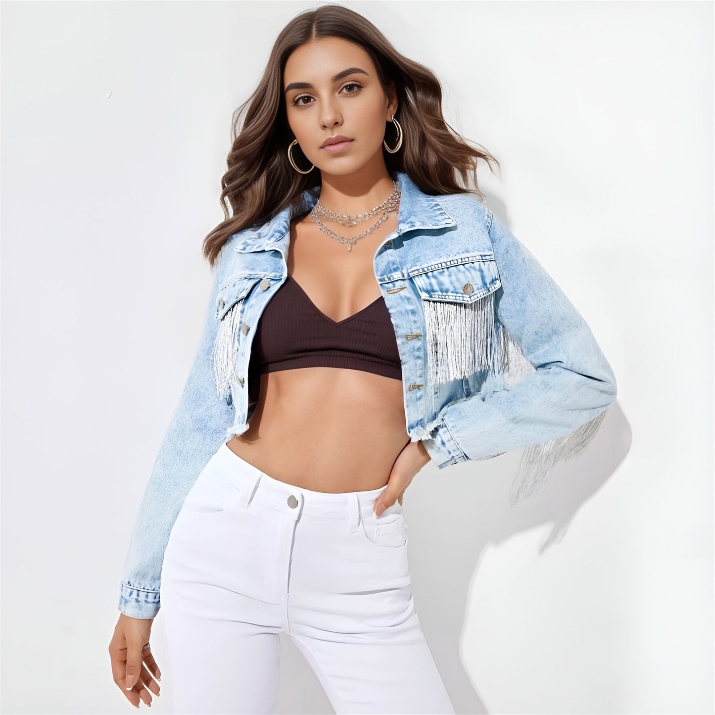 Variant image for Kvinna Kort Denimjacka Fransdetalj Denim-1