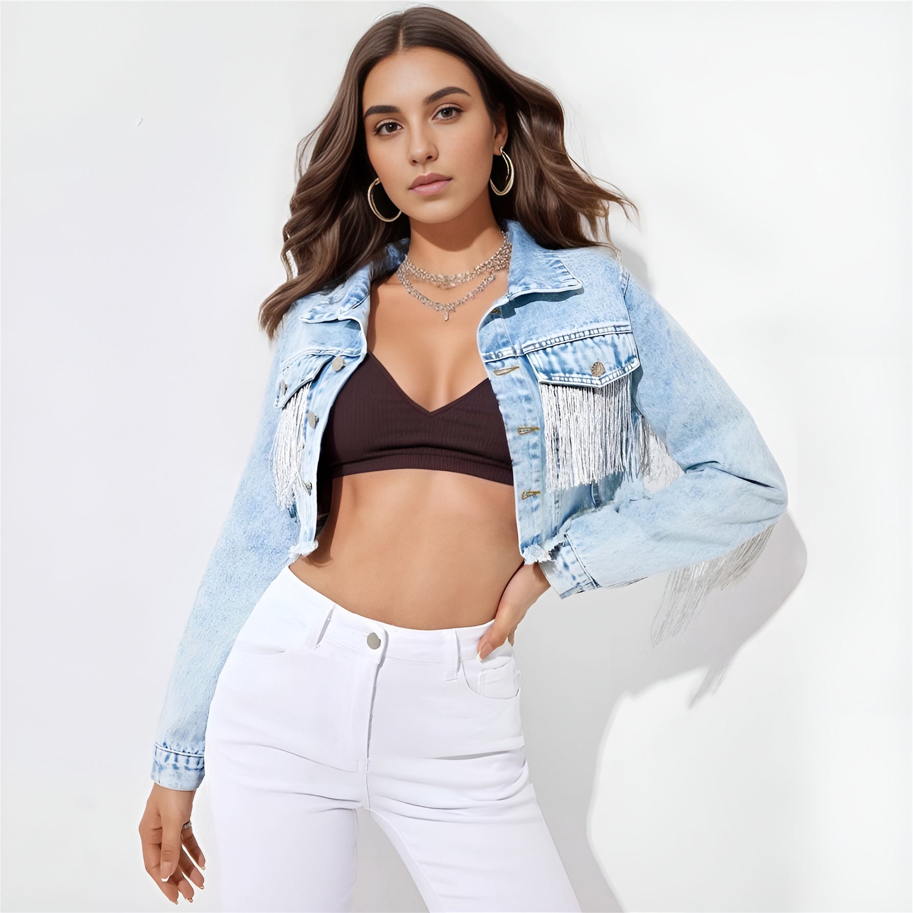 Variant image for Kvinna Kort Denimjacka Fransdetalj Denim-1