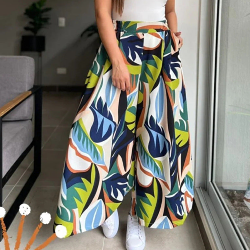Höga Midja Bredbenade Byxor för Kvinnor i Elastiskt Tyg med Tryckt Mönster – Trendig och Bekväm Stil 5