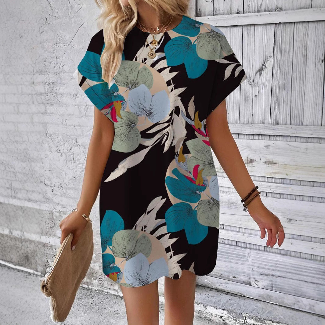 Dam Stickad Klänning Blommönster med Fickor Polyester Spandex-3