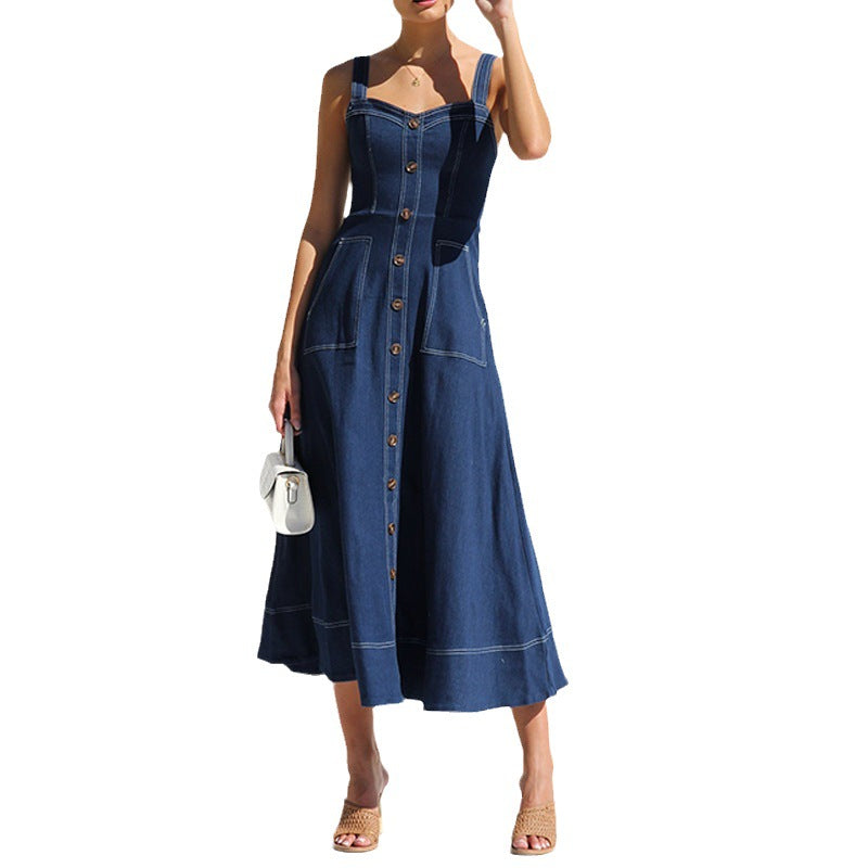 Dam Maxiklänning A-Line Denim Utan Ärmar Sliten Look 4