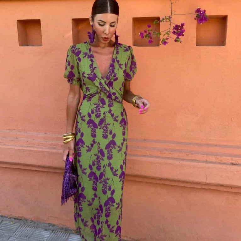 Variant image for Kvinnors Omslagsklänning Blommönster V-ringad Puffärmar Andningsbart Tyg-3