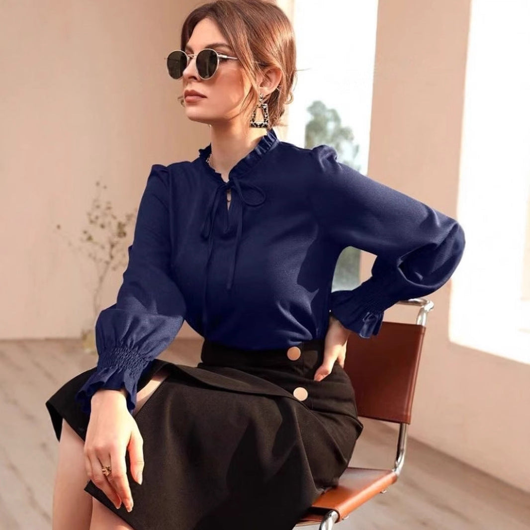 Dam Skjorta Långärmad Satin V-hals Klockärmar-2