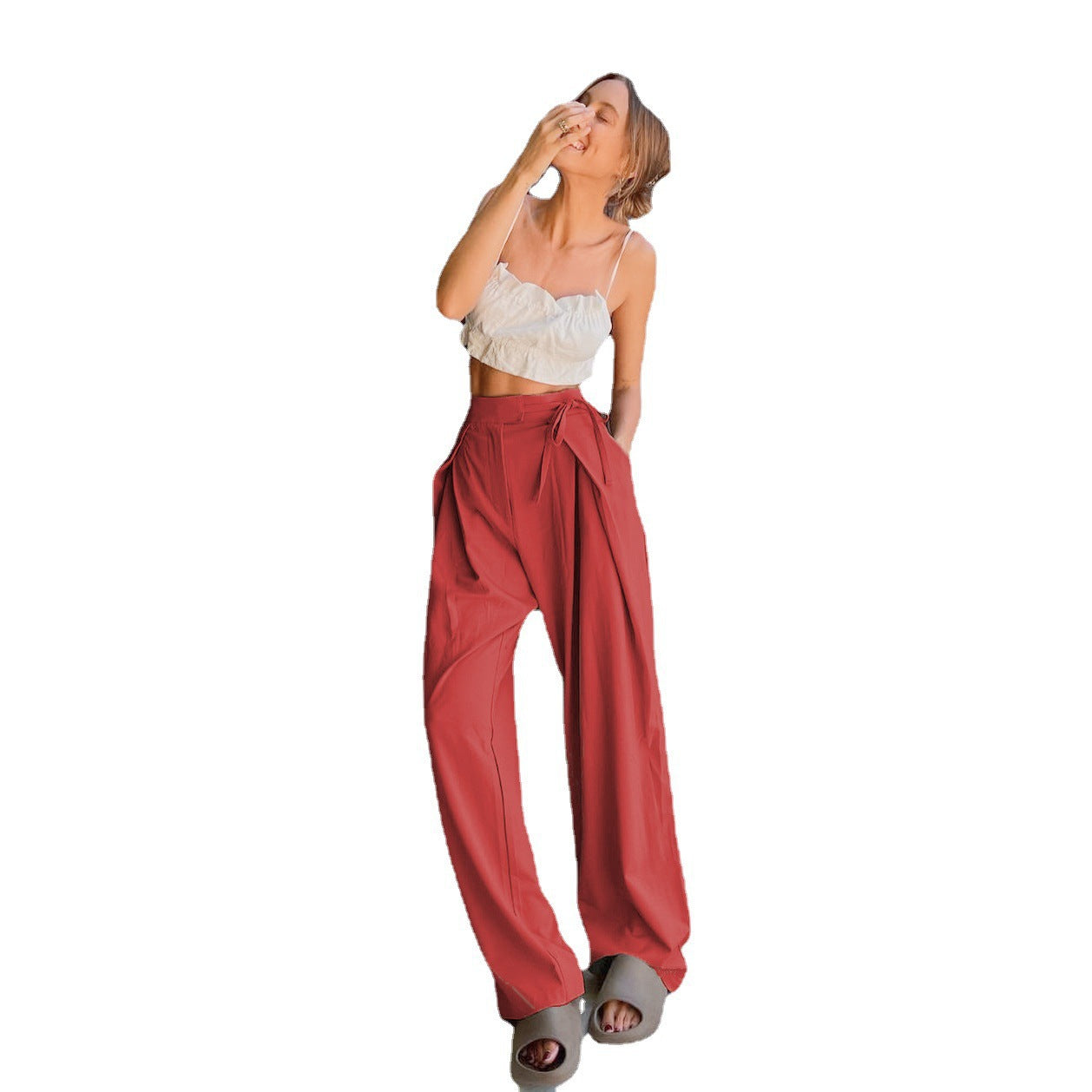 Kvinnors Långa Byxor Draperade Tweed Hög Midja-4