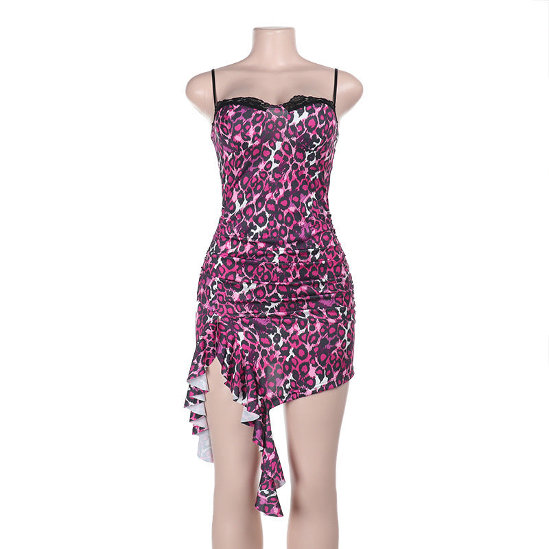 Kvinnors Miniklänning Asymmetrisk Snitt Elastiskt Leopardmönster-1