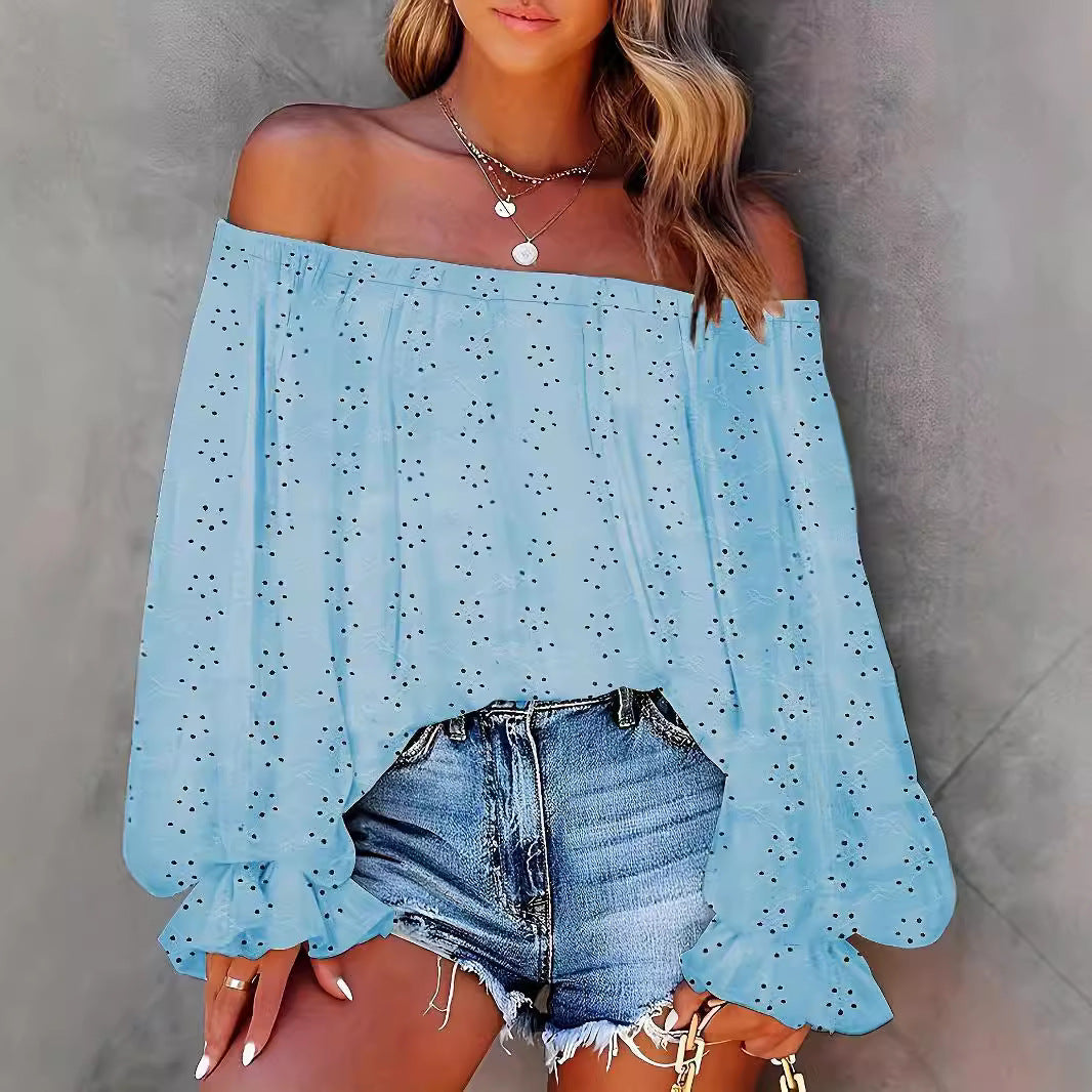 Dam Off-Shoulder Blus Chiffon Blommönster Långa Ärmar-3