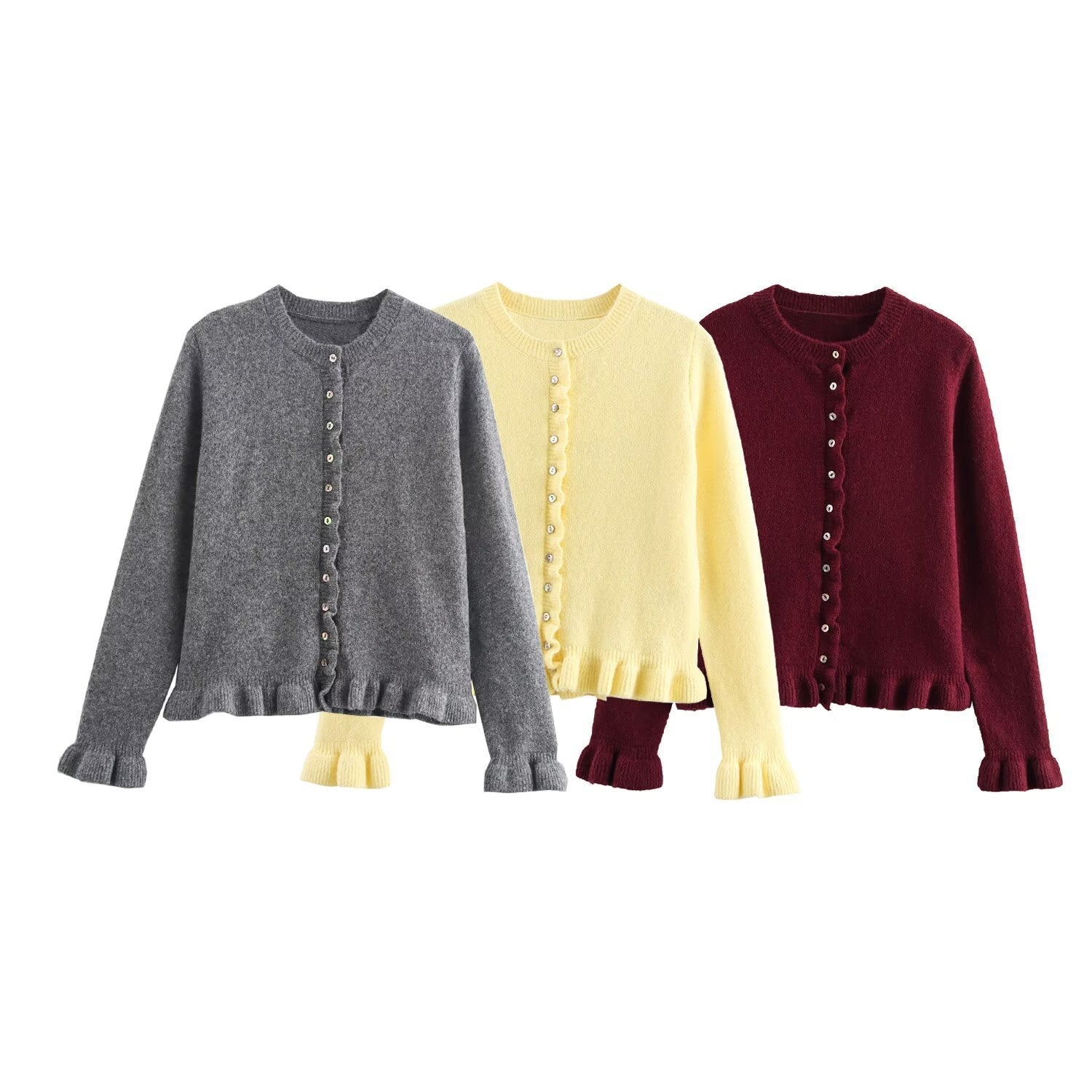 Lång Kofta Dam Stickad Med Klockärmar och Rund Halsringning-2