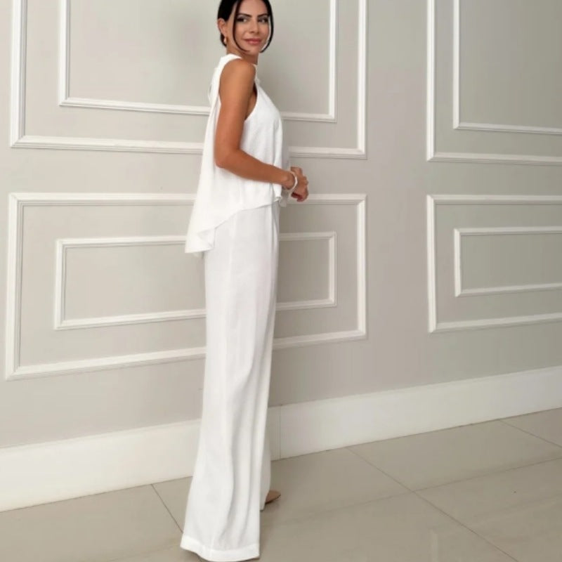 Kvinnors Avslappnade Set Ärmlös Topp och Breda Ben Byxor Mjuk Bomull-4