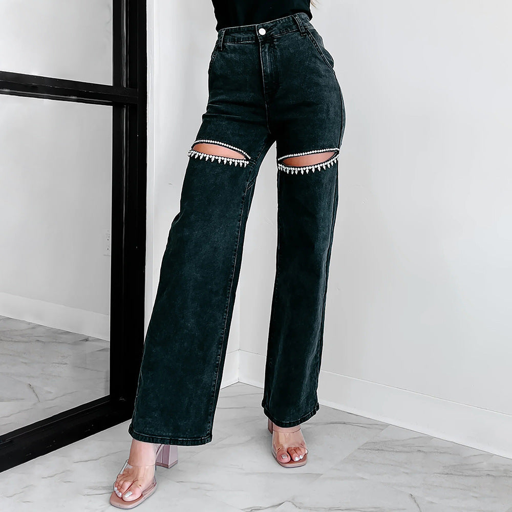 Variant image for Kvinnors Rippade Raka Jeans Hög Midja Elastisk Denim-5