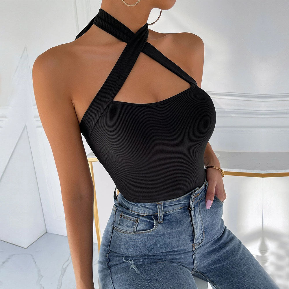 Dam Tank Top Bakre Band Bomullsblandning Elastisk Design-4