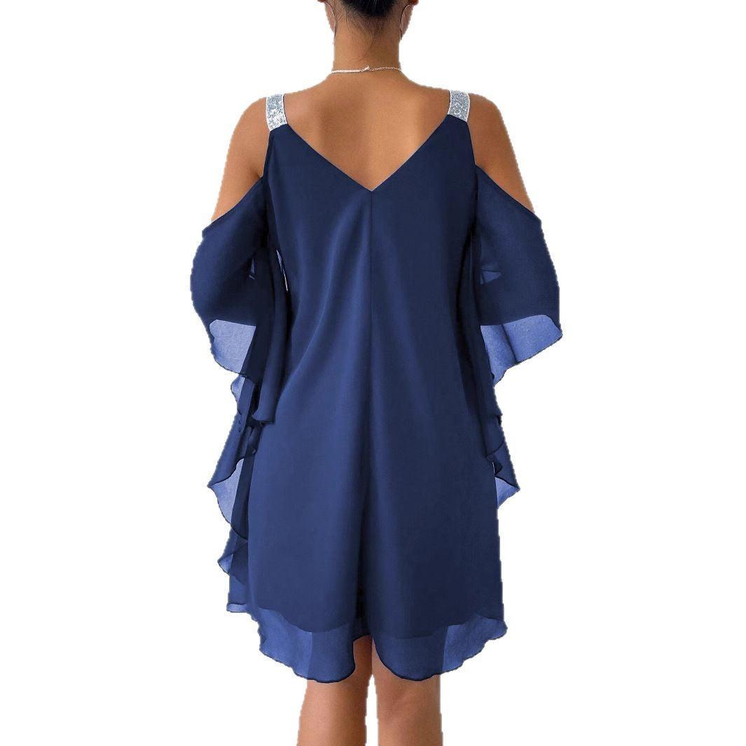 Kvinnor Midi Klänning V-Neck Chiffong med Paljetter-6