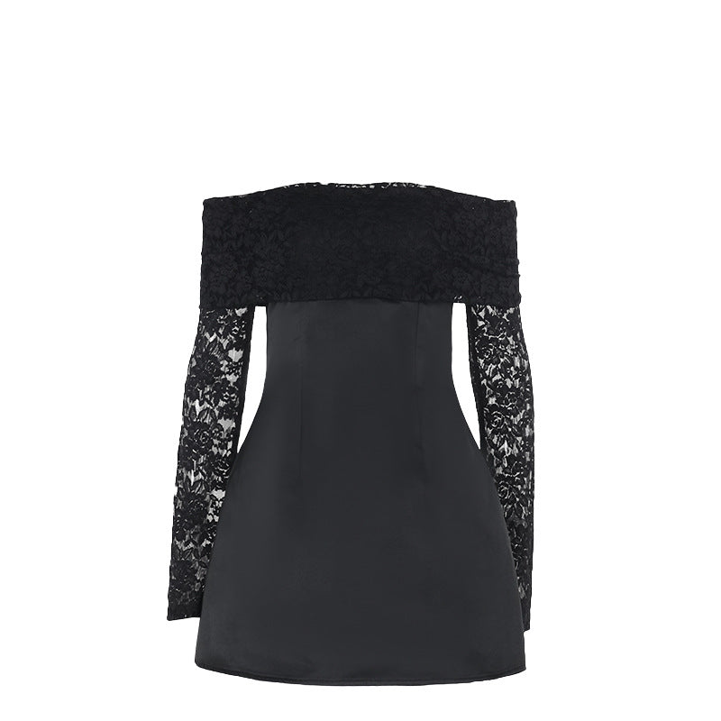 Kvinnors Off-Shoulder Klänning med Spetsärmar Flödande Silhuett 6