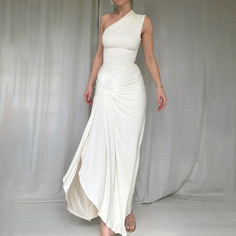 Kvinnor Maxi Klänning Asymmetrisk Design Draperad Elastisk Tyger 2
