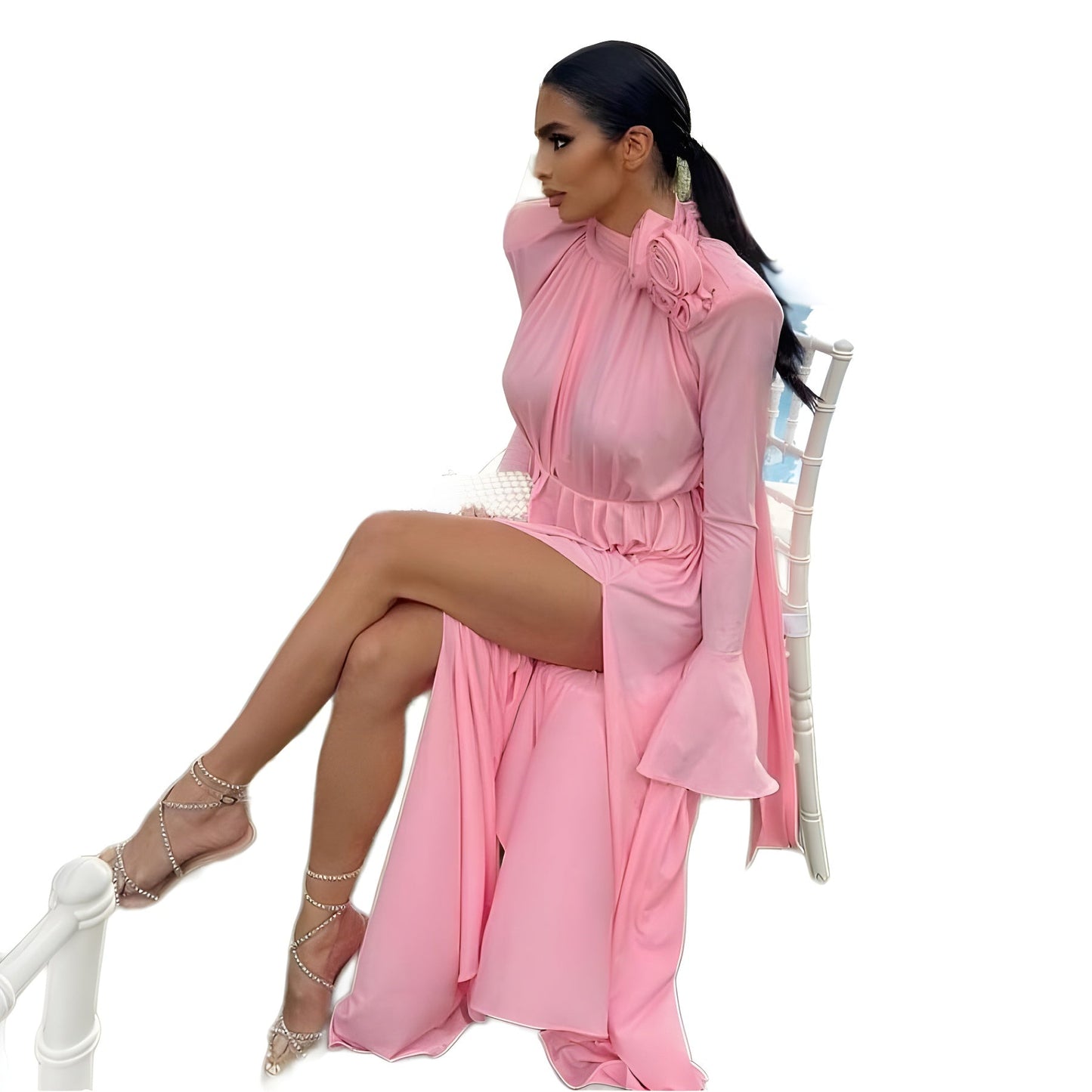 Dam Lång Klänning Delad Polyester med Långa Ärmar-6