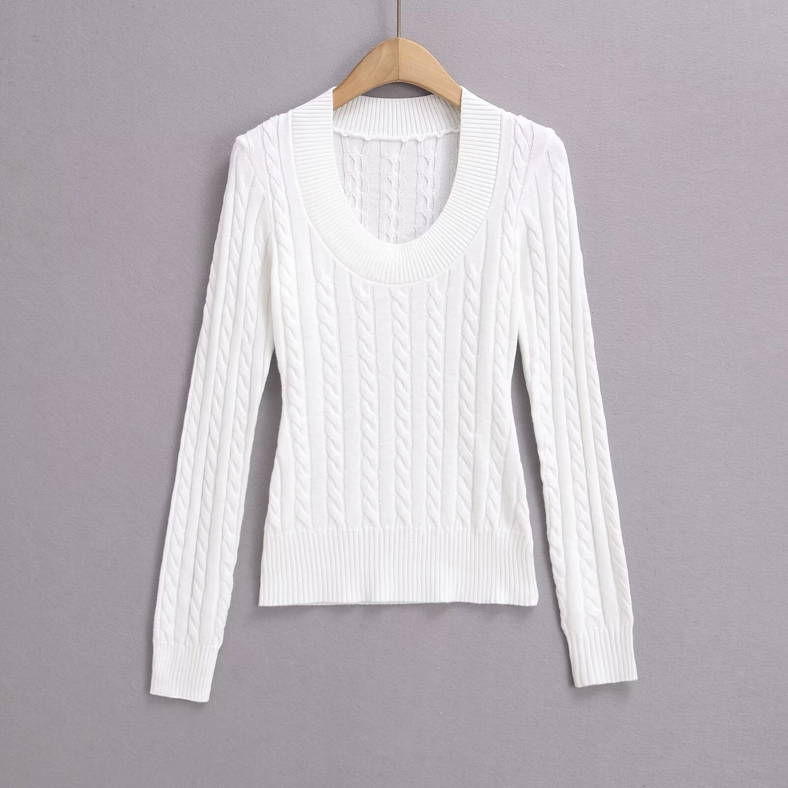 Variant image for Dam Stickad Tröja Flätmönster Bred Halsringning Mjuk Akryl-2