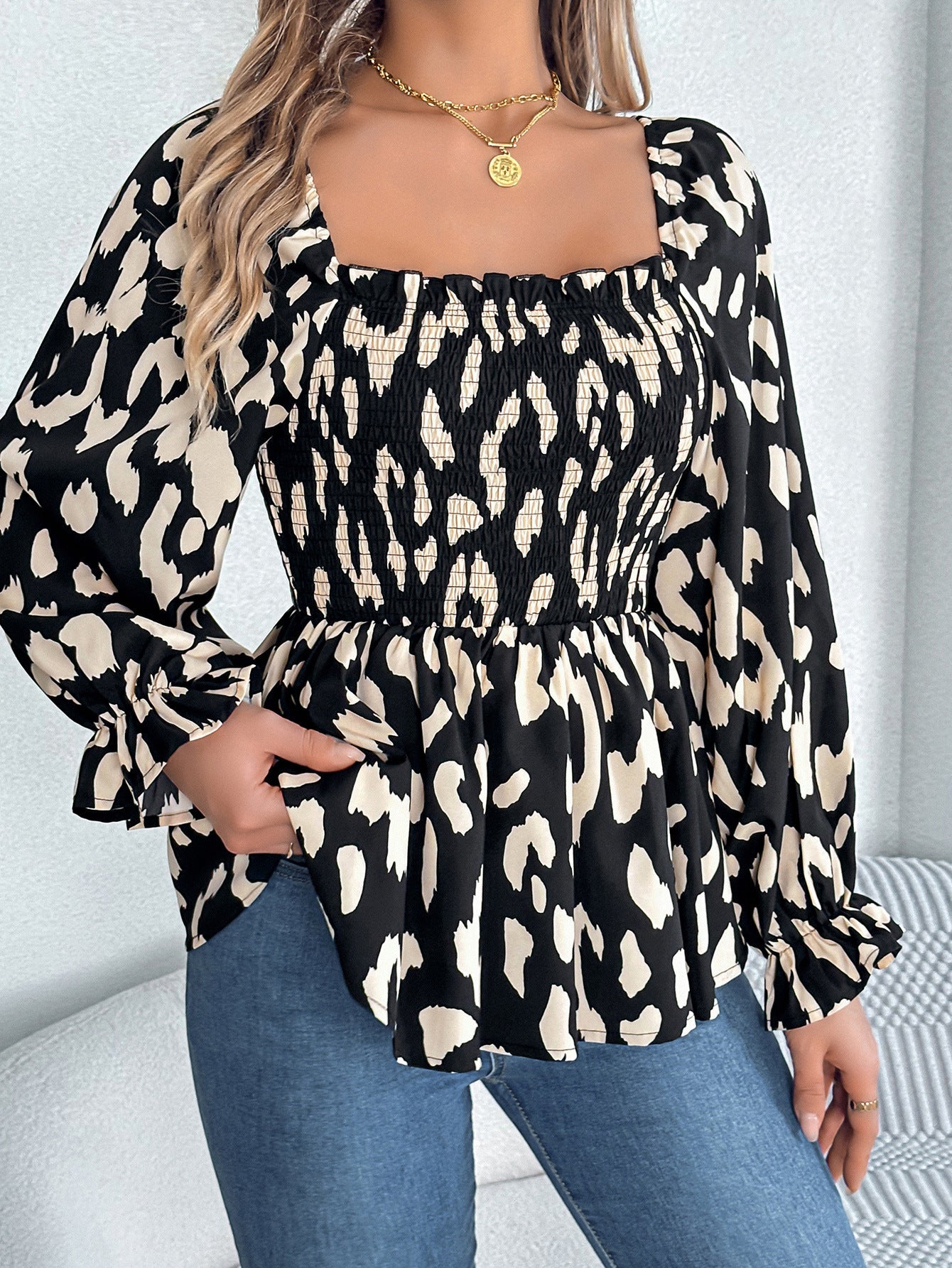 Dam Långärmad Blus Rynkad Kant Chiffon Leopardmönster-3