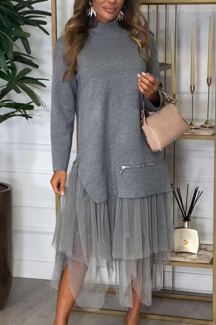 Fina Dam Klänningar Set med Mesh Detaljer Hög Krage Polyester Spandex-1