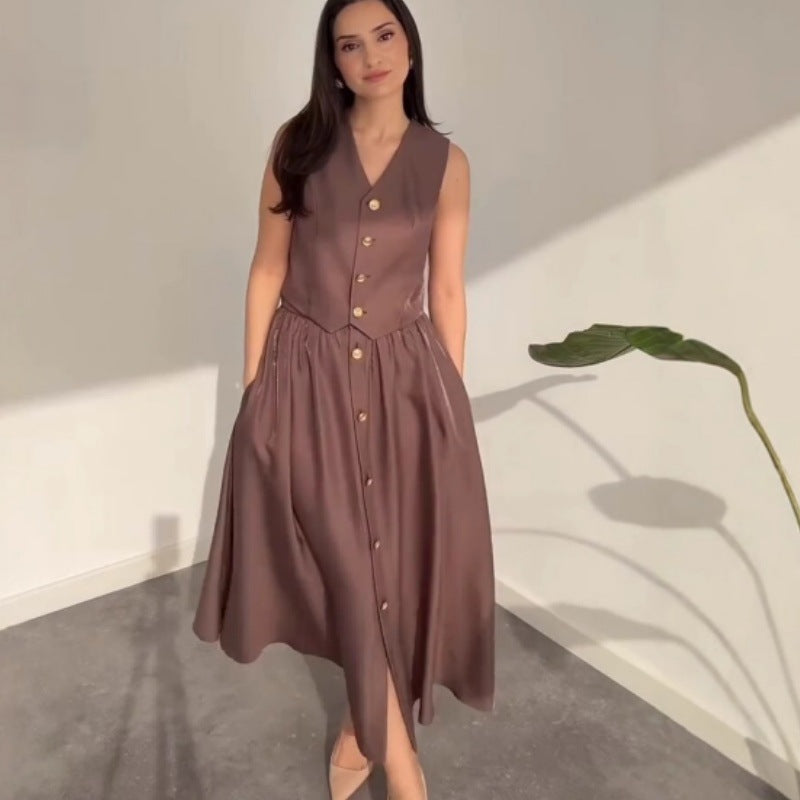 Tvådelat Set Dam Kjol Hög Midja Polyester med Knappar 6