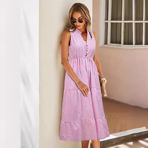 Bärarklänning för Dam i Tidlös Randig Design – Löst Sittande Bomull med Knappdetaljer 2