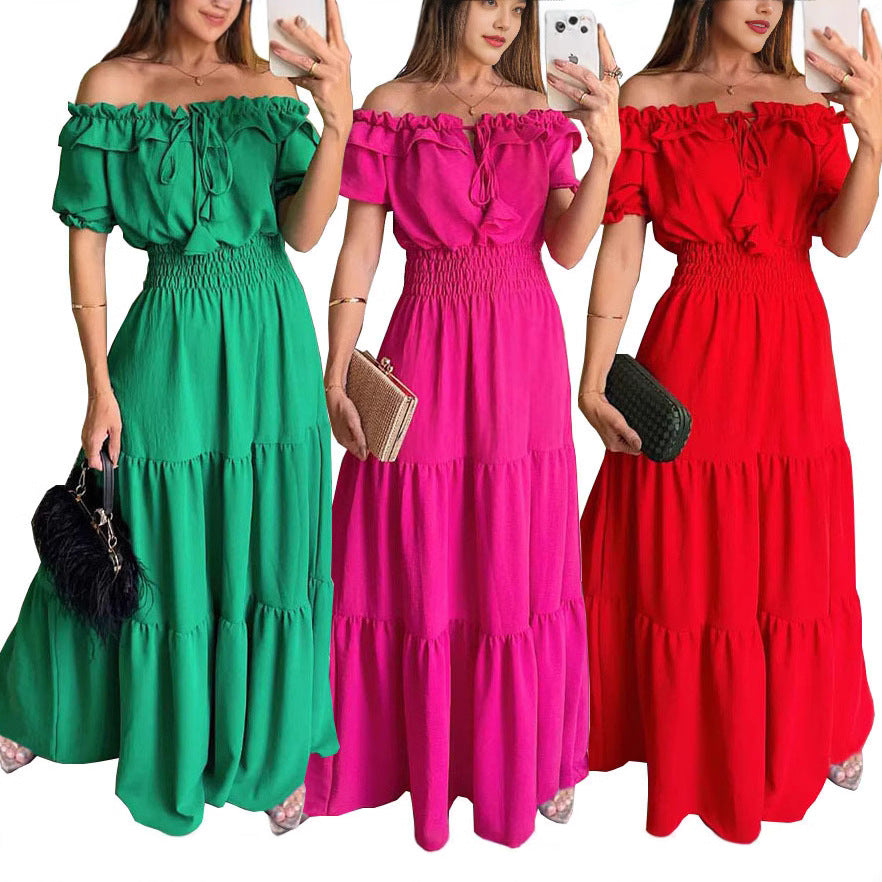 Damklänning Off-Shoulder Rynkad Midja Lång Polyester-2