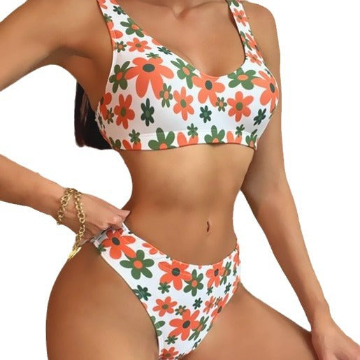Kvinnors Bikiniuppsättning Blommönster Högklippt Elastiskt Tyg-5