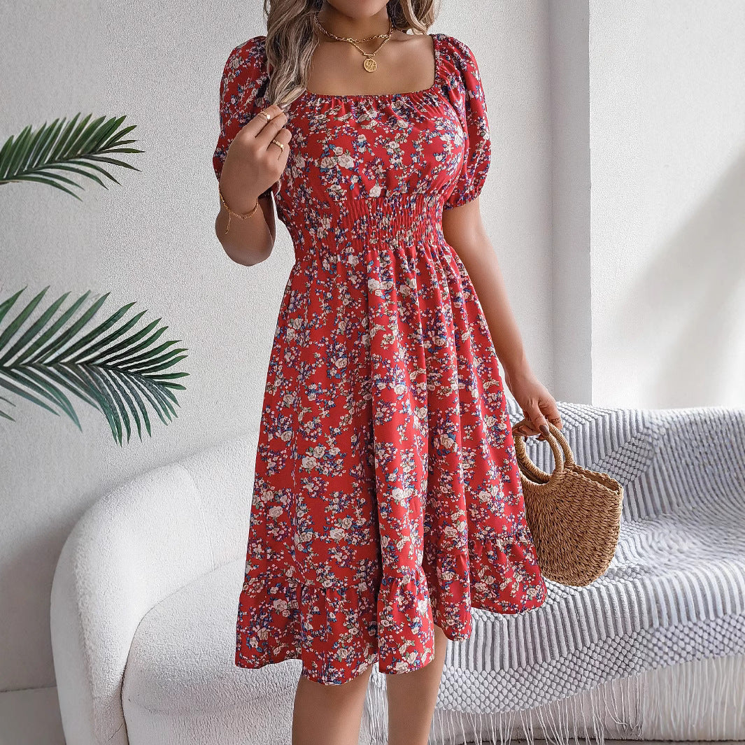 Kvinnors Midi Klänning Blommönster Polyester Fyrkantig Halsringning-4